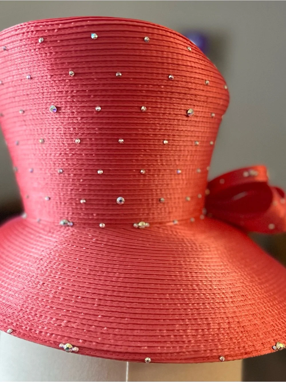 Rhinestone Embellished Coral Wide-Brim Hat with Statement Bow